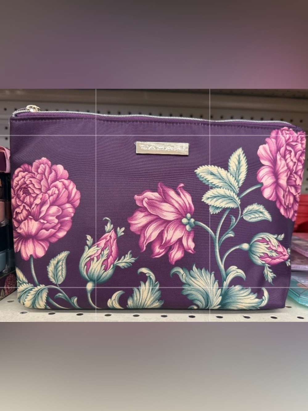 Tahari Purple Floral Makeup Bag with Pink Blooms
